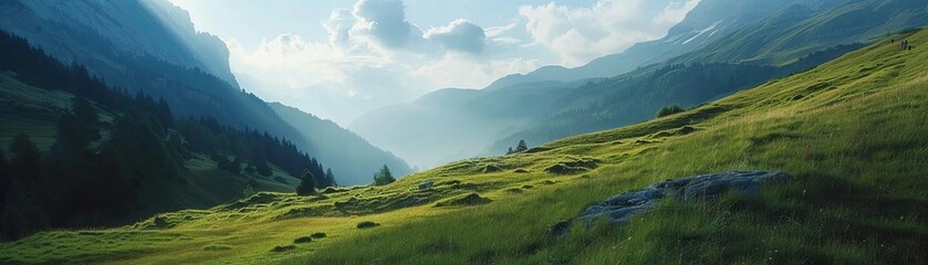 Misty Alpine Meadows at Sunrise Sunrise over alpine meadows with mist weaving through the valleys between lush, green mountains under a soft blue sky.

 - obrazy, fototapety, plakaty