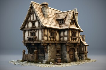 Picturesque Medieval house isometric illustration. Village town. Generate Ai