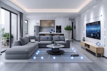 Redesigning Urban Landscapes: Smart Home Solutions for Stylish, Eco Friendly Living in a Connected Smart City with 3D Residential Design - obrazy, fototapety, plakaty