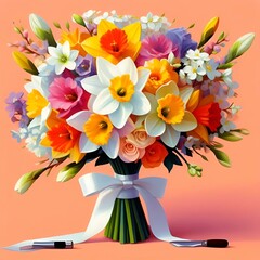 bouquet of flowers.gift box with beautiful tulips on light background.