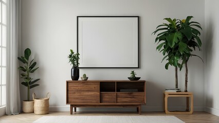 Mockup of a living room with horizontal poster - lightg coloured furniture and décor. Plants and wooden furniture. AI generated interior design illustration for render, product display.