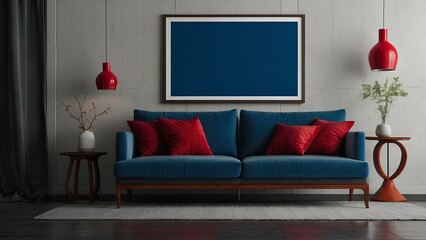 Mockup of a living room with horizontal poster - red and blue coloured furniture and décor. Sofa with pillows and table. AI generated interior design illustration for render, product display.