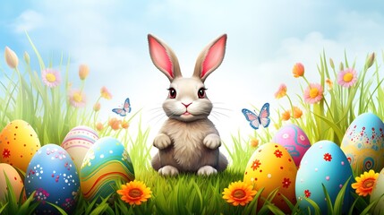 Lovely rabbits and eggs, Easter Monday celebrations, holiday propaganda illustrations,AI generated.