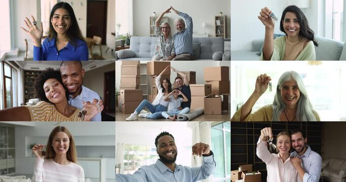 Multiple videos, collage of multi-ethnic young, mature people, families celebrate relocation day to own or rented house smile looking at camera showing bunch of keys. New house, bank loan, investment