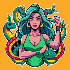 Obraz na płótnie Canvas Tshirt Sticker of a Slay with Serpents Venomous Vibes Only - Capture the essence of empowerment with a sticker featuring a confident beautiful girl surrounded by coiling anacondas
