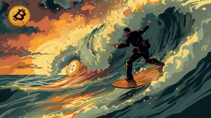 A businessman surfing on waves of change with Bitcoin symbols, depicting the volatility and adventure of cryptocurrency markets.