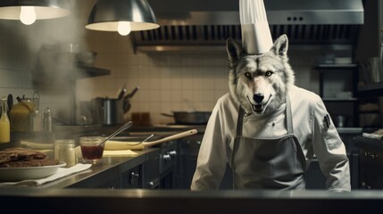 Wolf chef cooks preparing food in restaurant kitchen. Animal chef