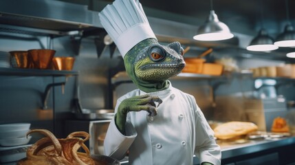 Chameleon chef cooks preparing food in restaurant kitchen. Animal chef