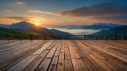 Wooden balcony with sunset and mountain views. Beautiful panoramic natural scenery