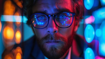 A visionary businessman in a smart suit engaging with a transparent smartphone, through which a futuristic AI assistant hologram assists with scheduling and analytic.