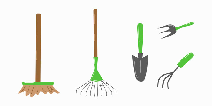 Garden tools and accessories set white background. Rake brush shovel. For website gardeners store banner. Vector illustration.