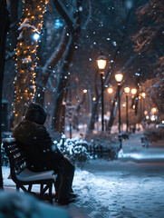a homeless man sitting on a bench in an empty park covered with snow during a winter night, Generative AI