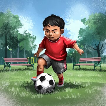 Asian kid playing soccer or football in the park. Step on the balls