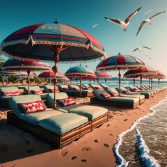 Beautiful sun loungers with parasols on the beach - obrazy, fototapety, plakaty