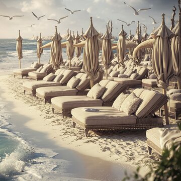 Beautiful sun loungers with parasols on the beach