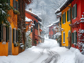 a colorful european town with snow during winter, Generative AI