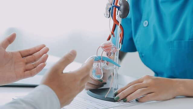 Doctors are counseling prostate cancer patients and using model of the penis to provide an example for prostate cancer patients about future symptoms and treatments. Prostate cancer treatment concepts