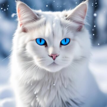 A Maine Coon cat with white fluffy fur and blue eyes.The ears are decorated with lush "tassels".She sits on the snow, and the snowflakes around her create an atmosphere of snowfall. Generative AI