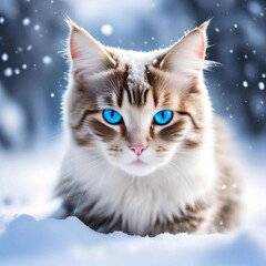 A Maine Coon cat with fluffy fur and expressive blue eyes.The ears are decorated with lush "tassels".She walks in the snow, and the snowflakes around her create an atmosphere of snowfall.Generative AI