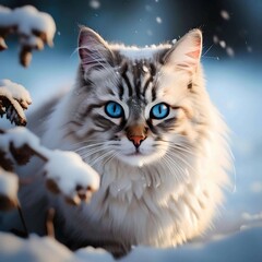 A Maine Coon cat with fluffy fur and expressive blue eyes.The ears are decorated with lush "tassels".She walks in the snow, and the snowflakes around her create an atmosphere of snowfall.