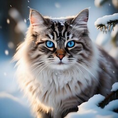 Obraz premium A Maine Coon cat with fluffy fur and expressive blue eyes.The ears are decorated with lush 