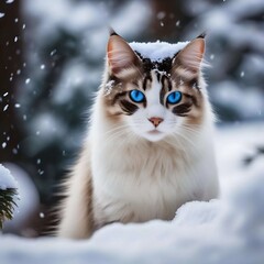 A Maine Coon cat with fluffy fur and expressive blue eyes.The ears are decorated with lush "tassels".She walks in the snow, and the snowflakes around her create an atmosphere of snowfall.