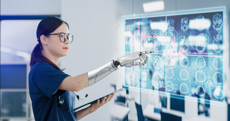 doctor examining x image, Medicine doctor and robot hand touching on a patients x-ray scans digital healthcare and connection with modern virtual screen interface icons, Medical technology.