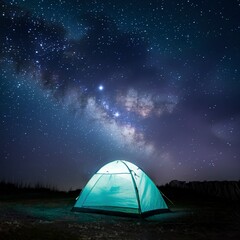Fototapeta na wymiar milky way and stars at night sky with camping tent