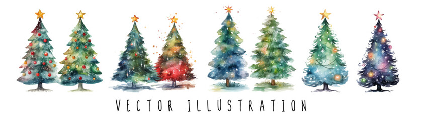 watercolor festive Christmas trees collection set vector illustration. Decorated green fir-trees and pines with snowy branches balls and lights. Happy New Year concept