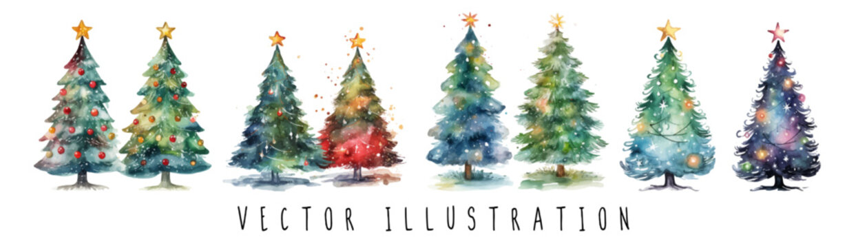 watercolor festive Christmas trees collection set vector illustration. Decorated green fir-trees and pines with snowy branches balls and lights. Happy New Year concept