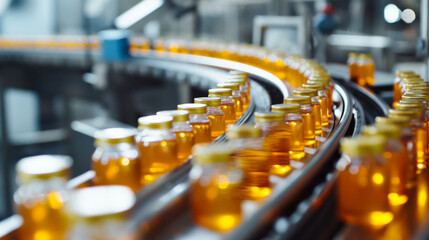 In the production line of honey jars, many glass jars filled with golden amber liquid move along the conveyor belt towards the camera. The background is blurred and shows an industrial setting.