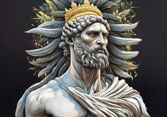 Ancient sumerian king with a gold crown looking at the horizon in dark background. Digital illustration.