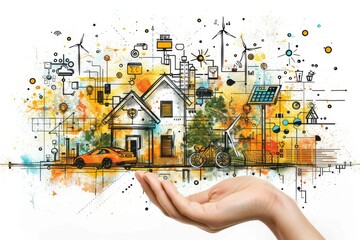 Eco Friendly Urban Planning: Integrating Smart Home Efficiency with Green Innovations in Urban Ecosystems for a Sustainable Future and Solar Empowerment - obrazy, fototapety, plakaty
