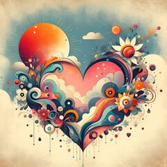 heart with elements.Valentine's Day background.A painting of a heart in a meddle of colourful background.