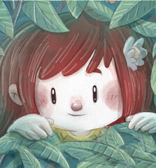Happy little girl hiding among the plants - 754756144