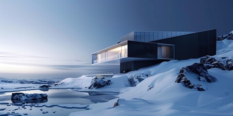 Modern Home Amidst Snowy Landscape: A Serene Design - obrazy, fototapety, plakaty