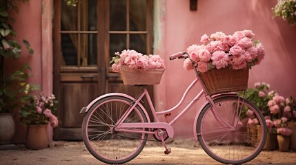 Fototapeta na wymiar A pink bicycle with flower baskets is parked against the backdrop of an old French house