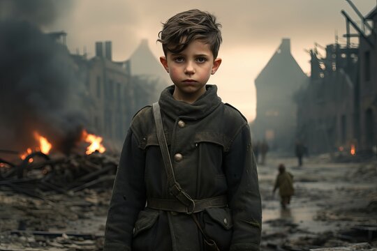 Adaptable Military child boy ruined city. Night europe. Generate Ai