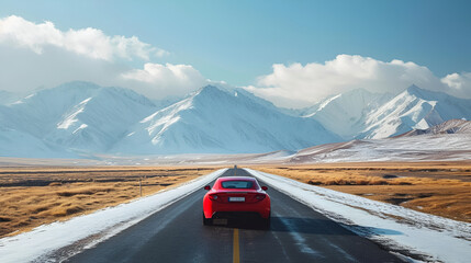 Red car standing on the road near mountains. generative ai 