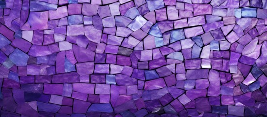 A detailed view of a purple mosaic tile wall, showing the intricate patterns and textures of the seamless tiles. The vibrant shades of purple and violet create a visually striking display.