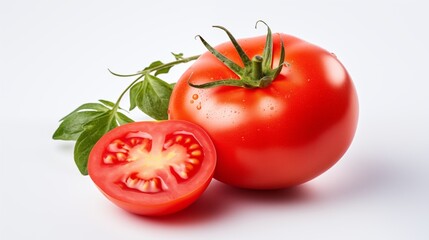  A whole tomato and half of a red vegetable with green leaves on a white background