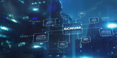 SCRUM. Development methodology, programming and application design technology concept on city background