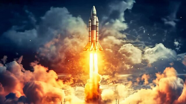 Space rocket launching, high details with clouds of smoke and dust