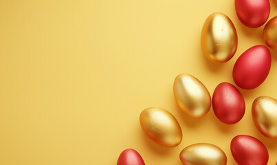 Wallpaper for Easter card invitation, with red and gold easter eggs on yellow background with copy space
 - obrazy, fototapety, plakaty