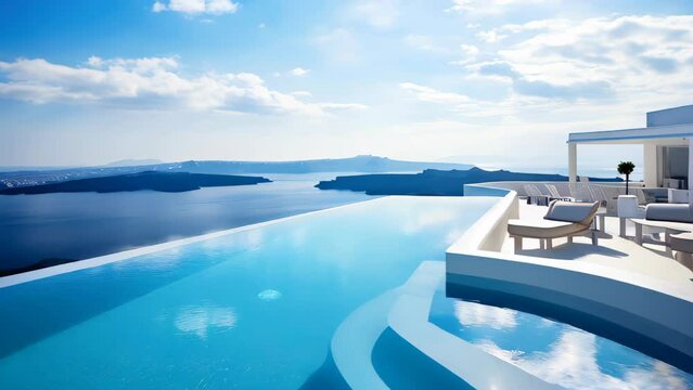 Blue infinity pool with a magnificent view over Aegean sea