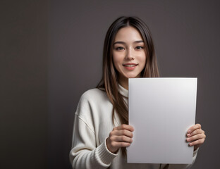 Fototapeta premium A lady holds a blank white paper sign use for fill in with various messages or symbols. Concept for marketing and various services