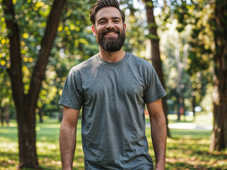 Naklejka na ściany i meble Gray short sleeves T-shirt mockup on a bearded hipster guy in his 30s, park and nature background summer 