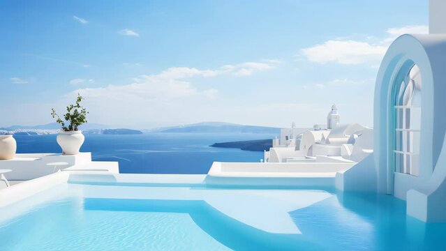 Blue infinity pool in a luxury resort with a magnificent view over Aegean sea