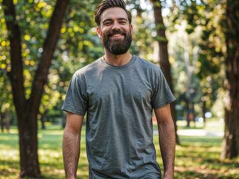 Gray short sleeves T-shirt mockup on a bearded hipster guy in his 30s, park and nature background summer	