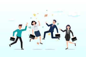 Fototapeta na wymiar Business people office worker jump to celebrate success, happy office workers, joyful staff or employee success, team or colleague celebrate work achievement together, diverse, excited people (Vector)